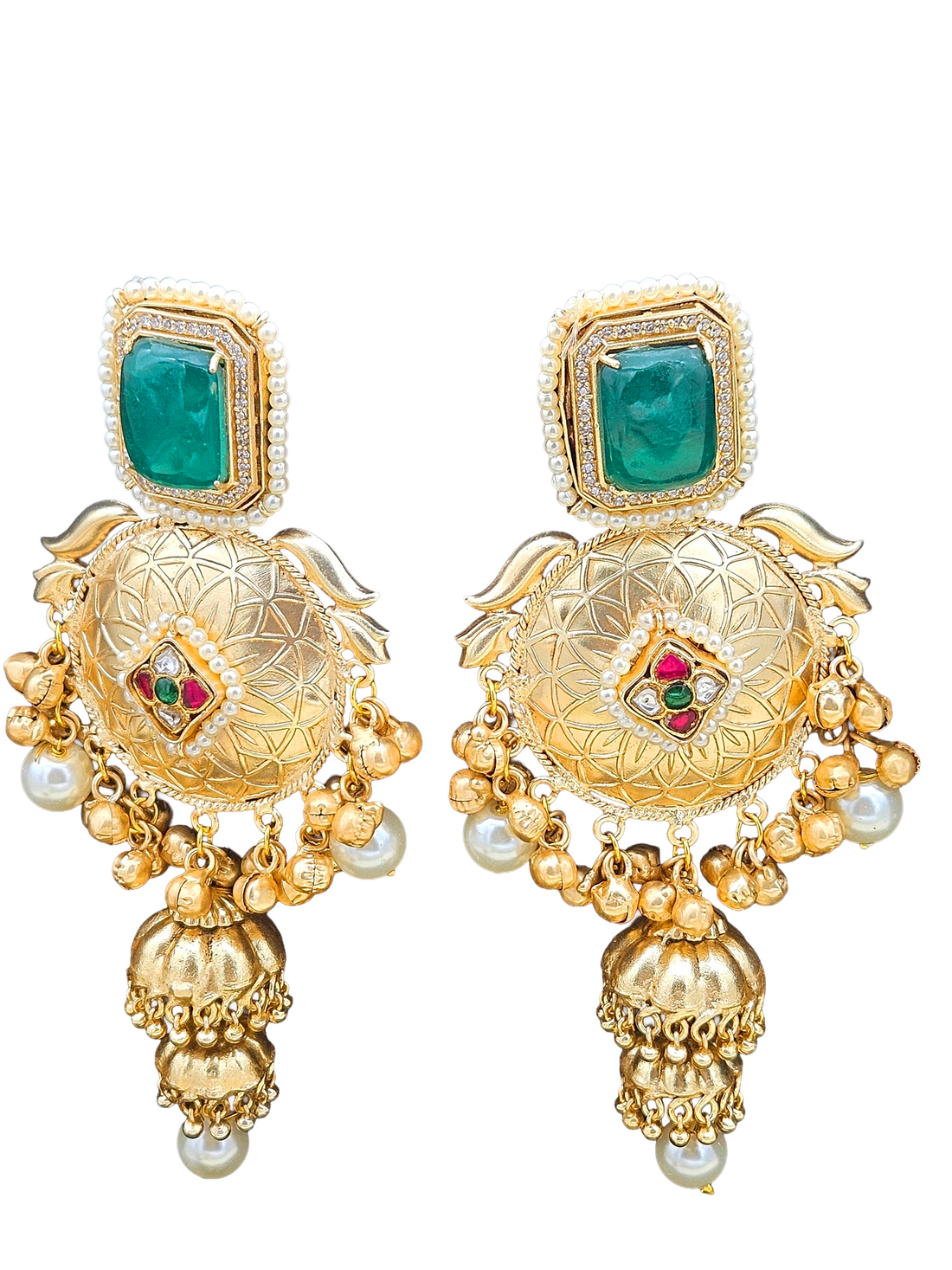 Elegant Antique Gold plated Green Doublet-AD- Multi color Glass stone Polky-Pearl Fancy Jhumka Earrings