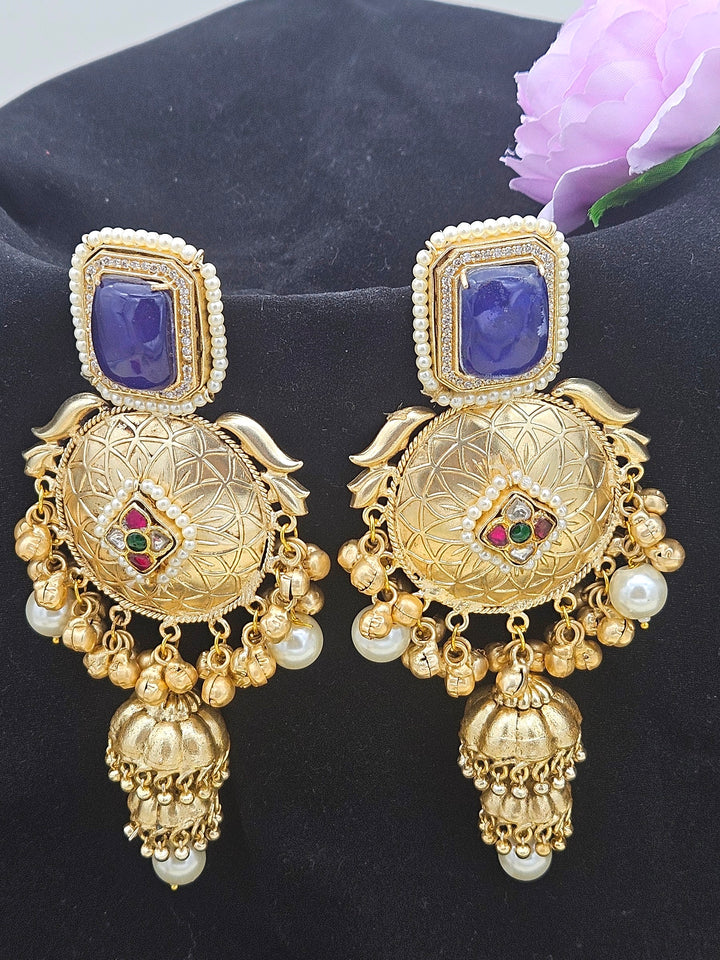 Elegant Antique Gold plated Navy Blue Doublet-AD- Multi color Glass stone Polky-Pearl Fancy Jhumka Earrings