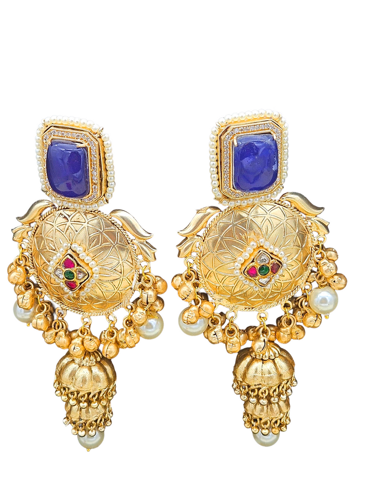 Elegant Antique Gold plated Navy Blue Doublet-AD- Multi color Glass stone Polky-Pearl Fancy Jhumka Earrings