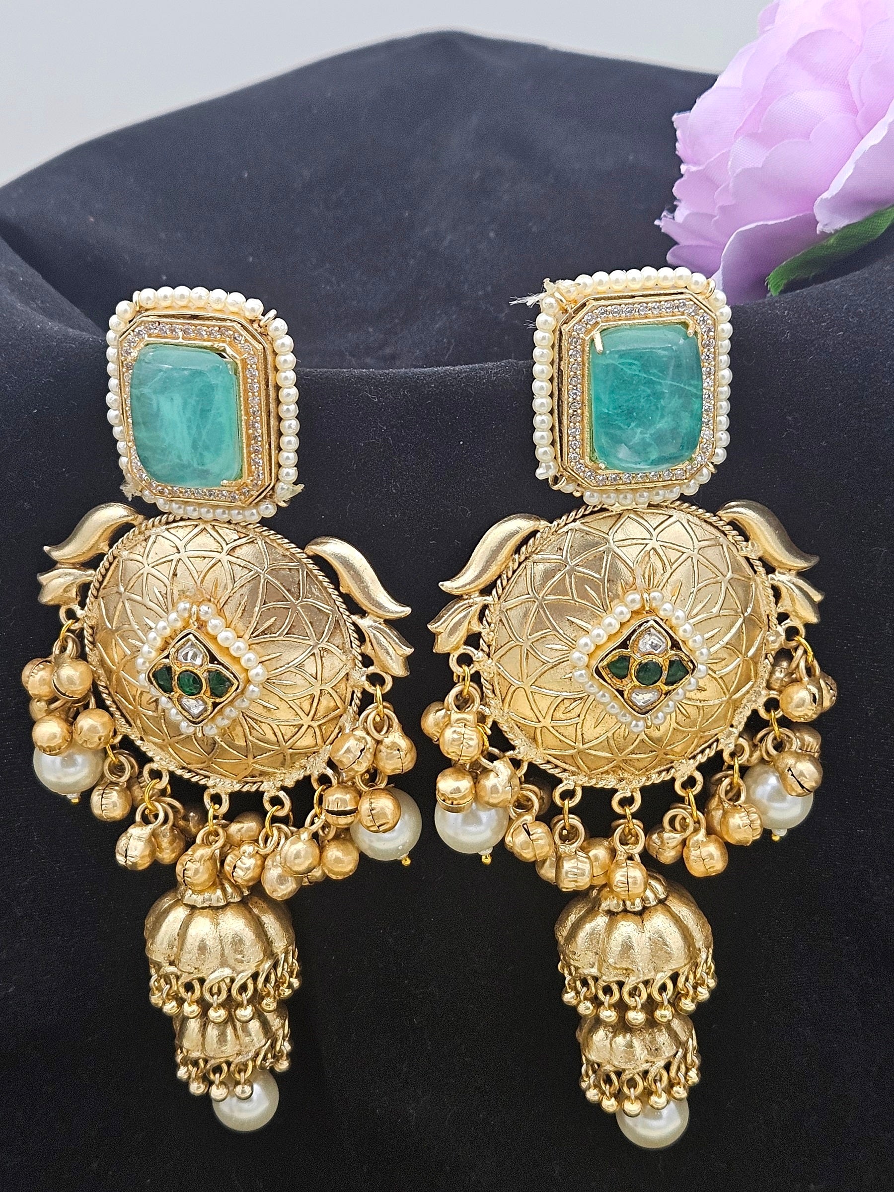 Elegant Antique Gold plated Light Green Doublet-AD- Multi color Glass stone Polky-Pearl Fancy Jhumka Earrings