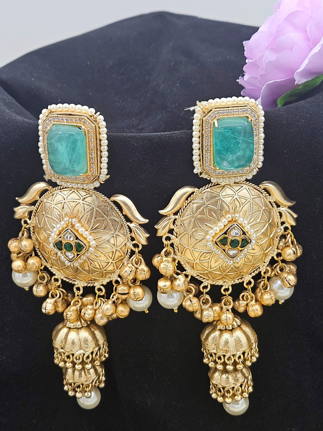 Elegant Antique Gold plated Light Green Doublet-AD- Multi color Glass stone Polky-Pearl Fancy Jhumka Earrings