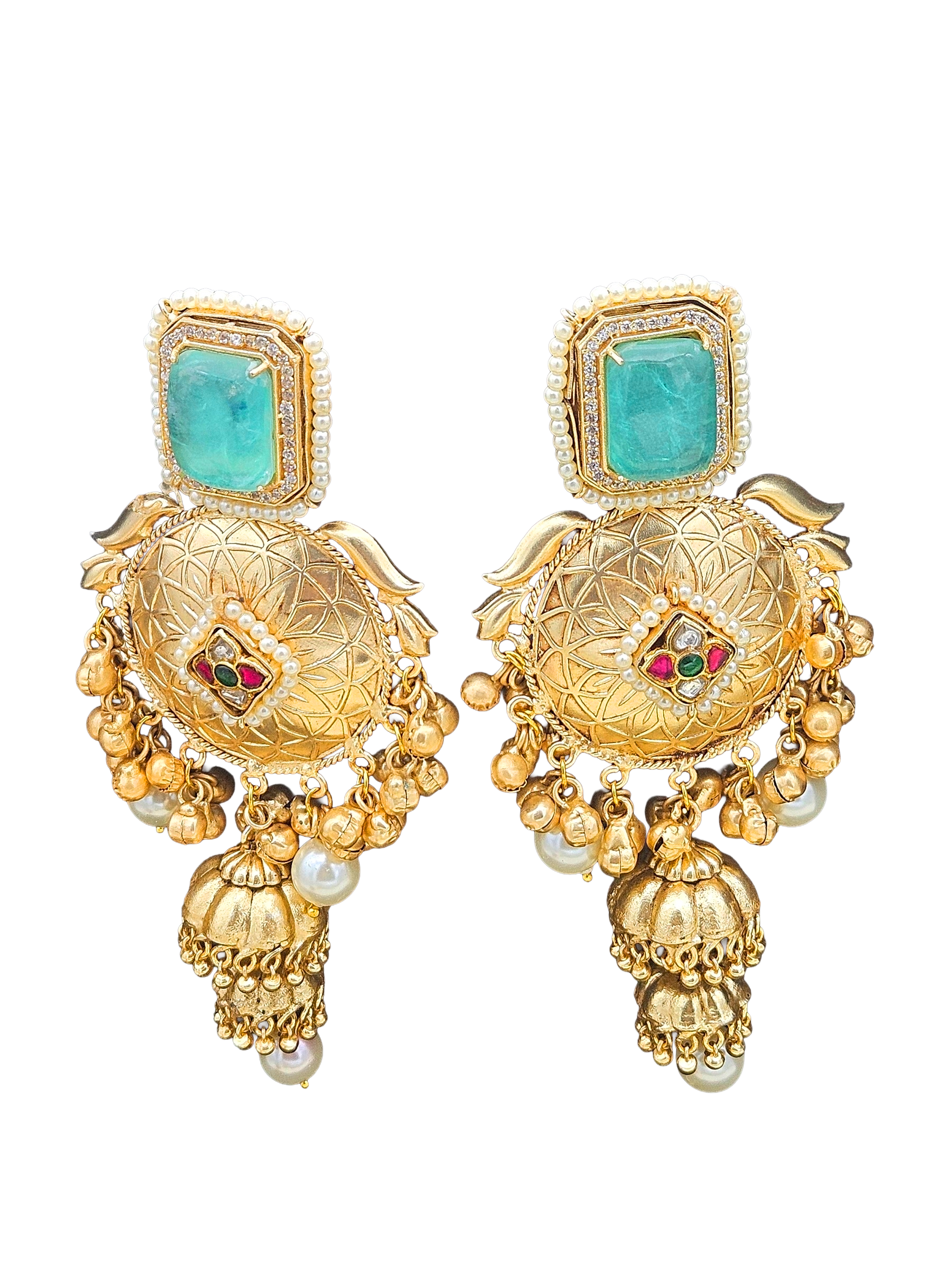 Elegant Antique Gold plated Light Green Doublet-AD- Multi color Glass stone Polky-Pearl Fancy Jhumka Earrings