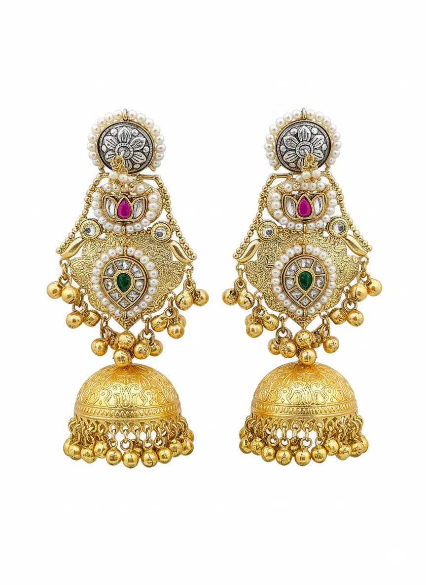 Charming Multi Color Glass Stone Motif -Synthetic Polky-Pearl Fancy Jhumka Earrings