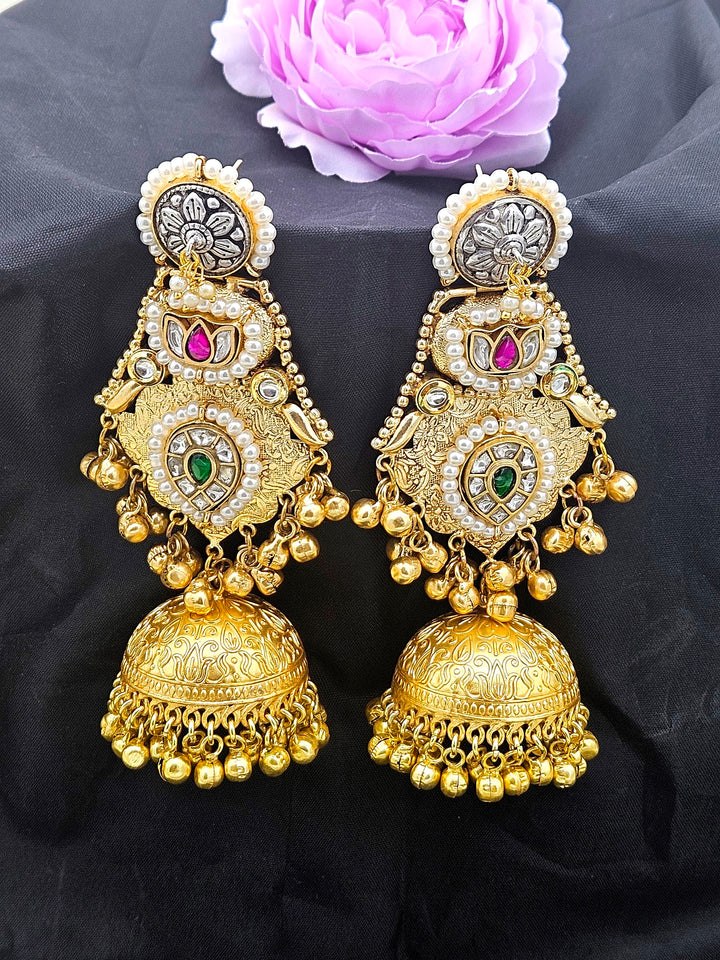 Charming Multi Color Glass Stone Motif -Synthetic Polky-Pearl Fancy Jhumka Earrings