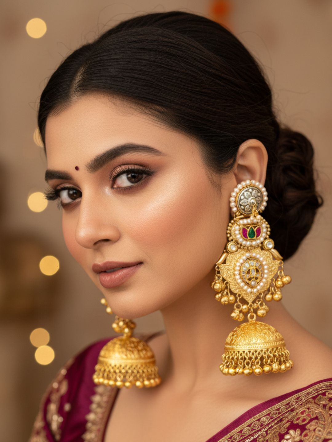 Charming Multi Color Glass Stone Motif -Synthetic Polky-Pearl Fancy Jhumka Earrings