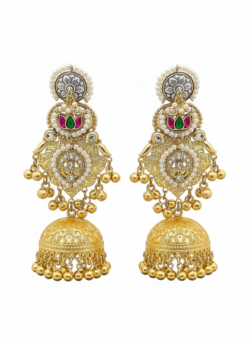 Charming Multi Color Glass Stone Motif -Synthetic Polky-Pearl Fancy Jhumka Earrings