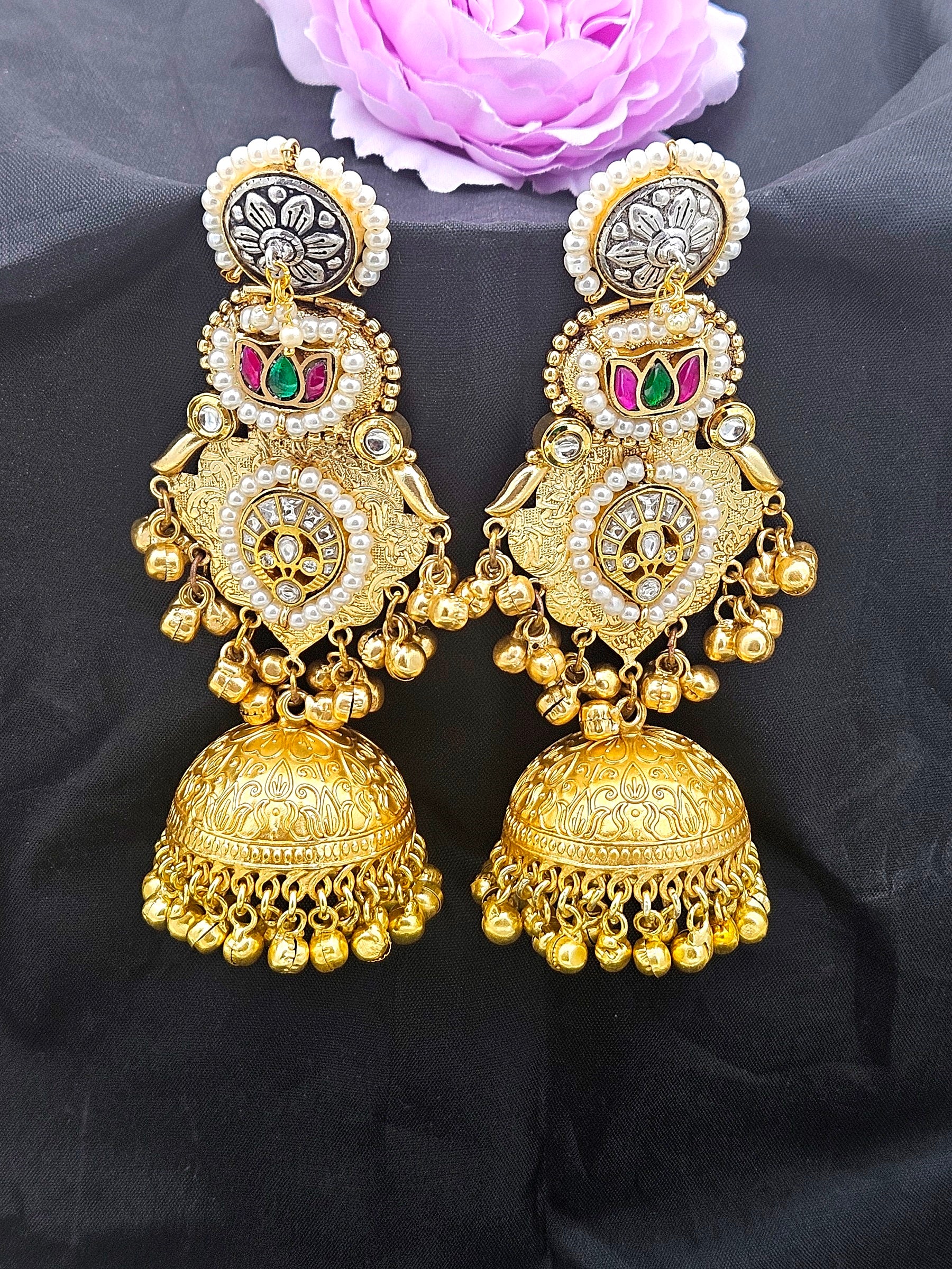 Charming Multi Color Glass Stone Motif -Synthetic Polky-Pearl Fancy Jhumka Earrings