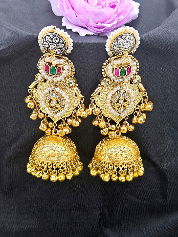 Charming Multi Color Glass Stone Motif -Synthetic Polky-Pearl Fancy Jhumka Earrings