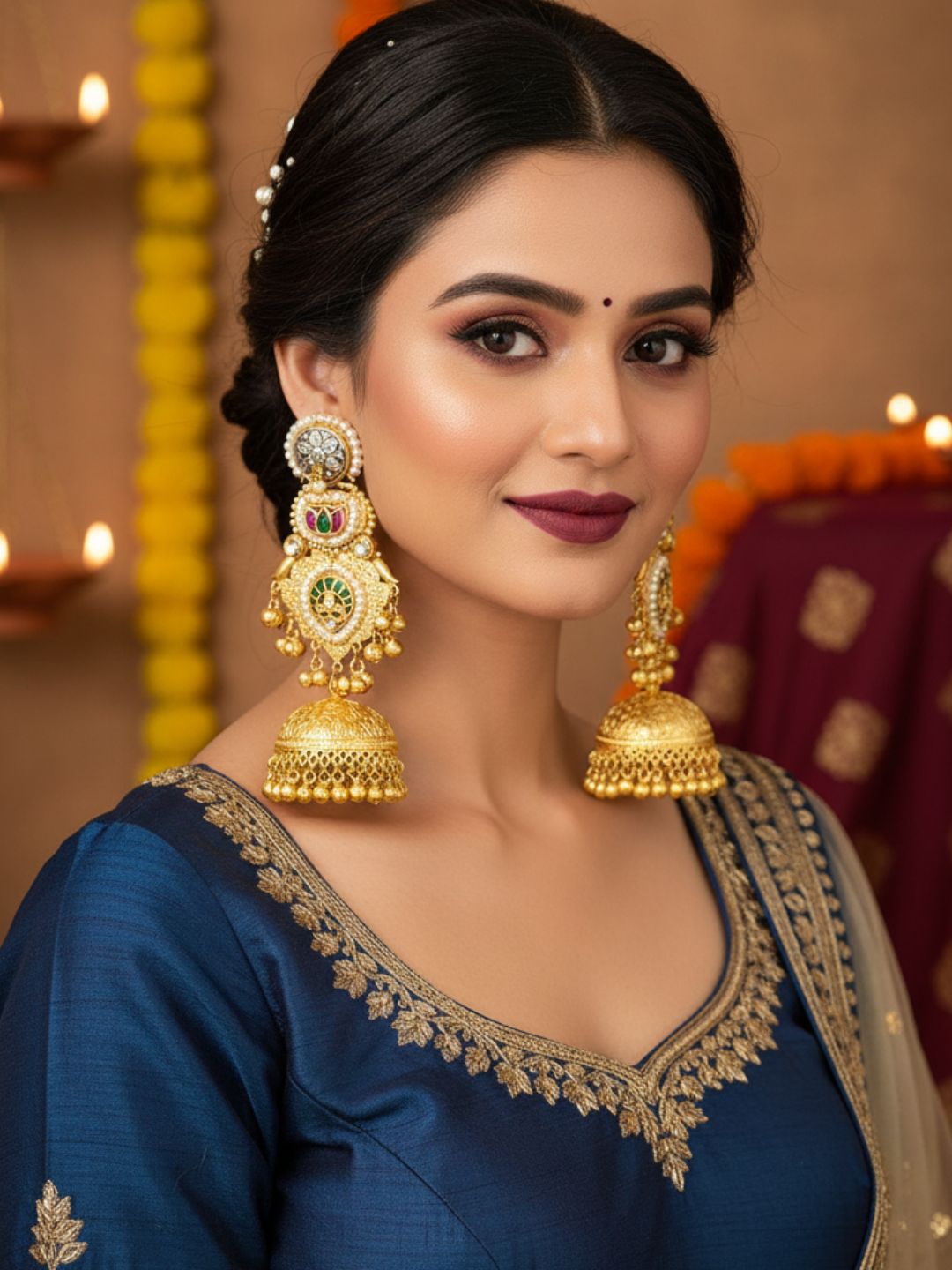 Charming Multi Color Glass Stone Motif -Synthetic Polky-Pearl Fancy Jhumka Earrings