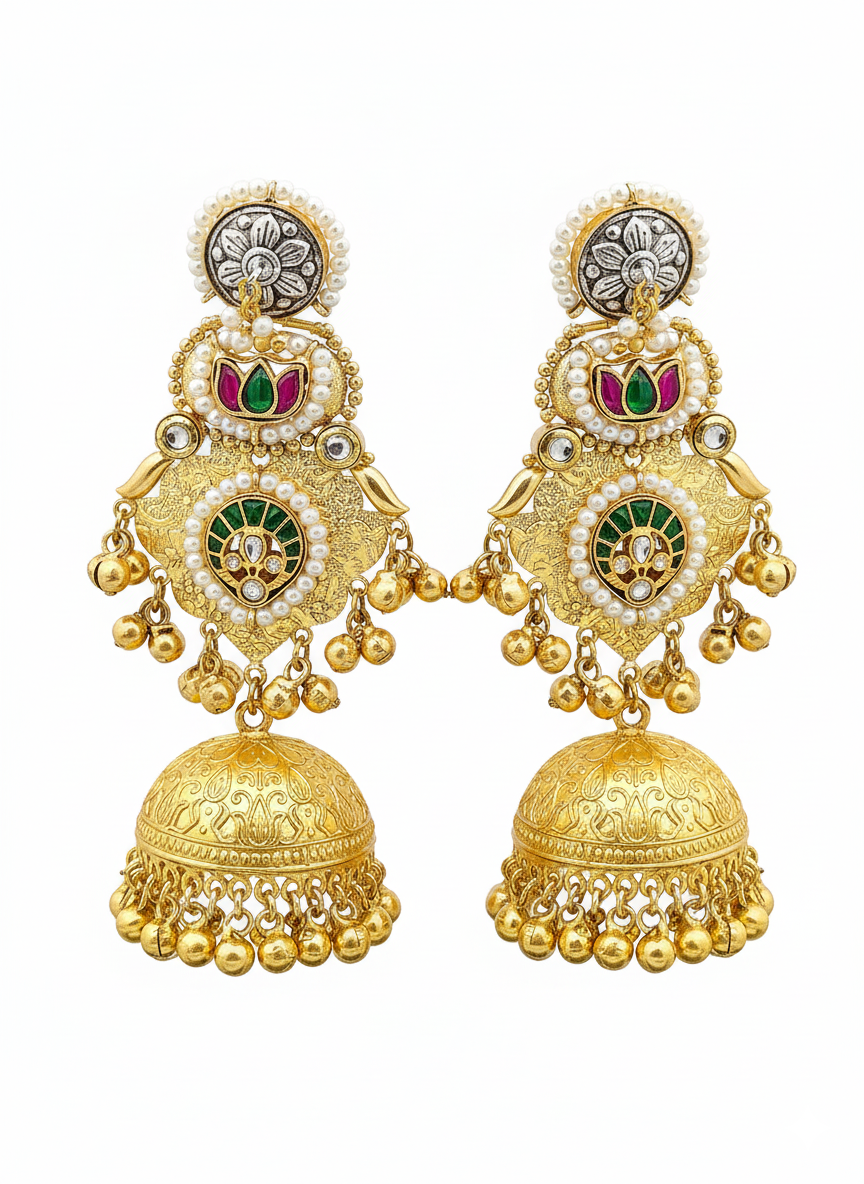 Charming Multi Color Glass Stone Motif -Synthetic Polky-Pearl Fancy Jhumka Earrings