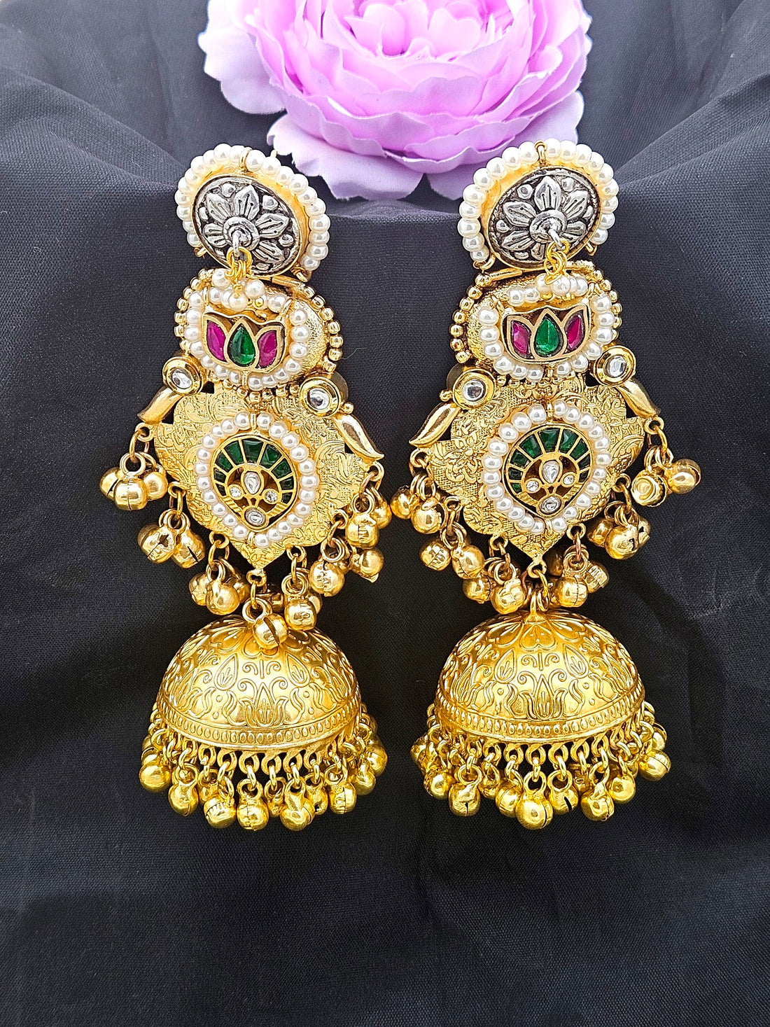 Charming Multi Color Glass Stone Motif -Synthetic Polky-Pearl Fancy Jhumka Earrings