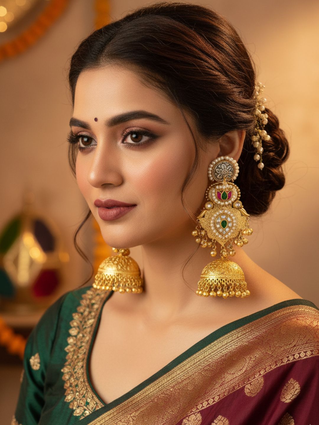 Charming Multi Color Glass Stone Motif -Synthetic Polky-Pearl Fancy Jhumka Earrings