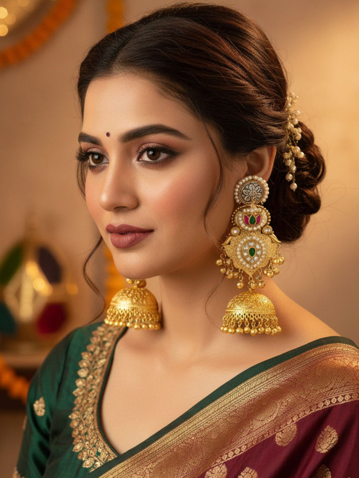 Charming Multi Color Glass Stone Motif -Synthetic Polky-Pearl Fancy Jhumka Earrings