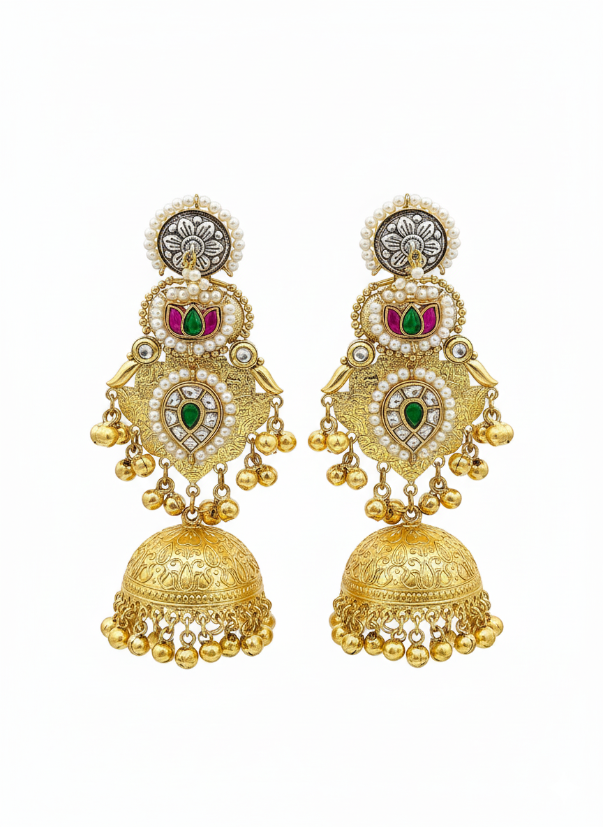 Charming Multi Color Glass Stone Motif -Synthetic Polky-Pearl Fancy Jhumka Earrings