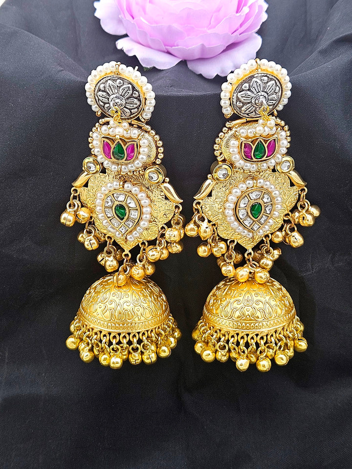 Festive jhumka earrings with multi-color stones and polky pearls