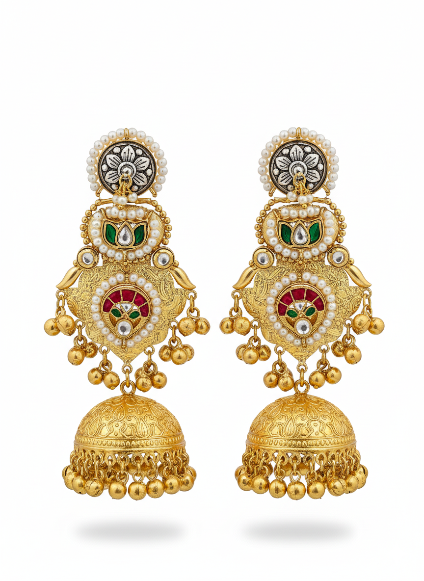 Charming Multi Color Glass Stone Motif -Synthetic Polky-Pearl Fancy Jhumka Earrings