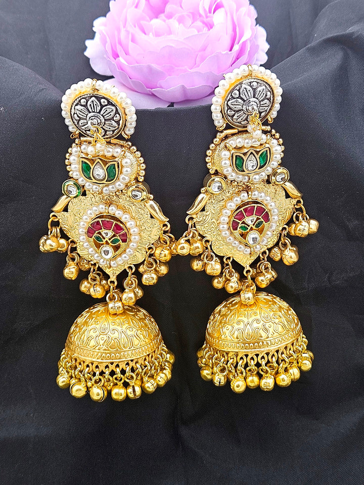 Charming Multi Color Glass Stone Motif -Synthetic Polky-Pearl Fancy Jhumka Earrings