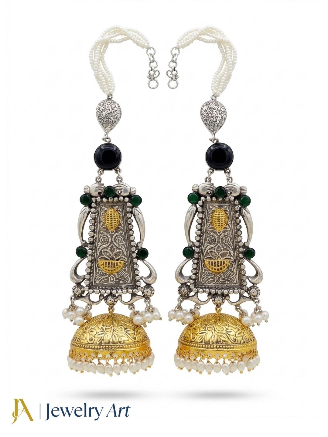 Fashion dangle earrings with black onyx and green onyx glass stones and ethnic jhumka style
