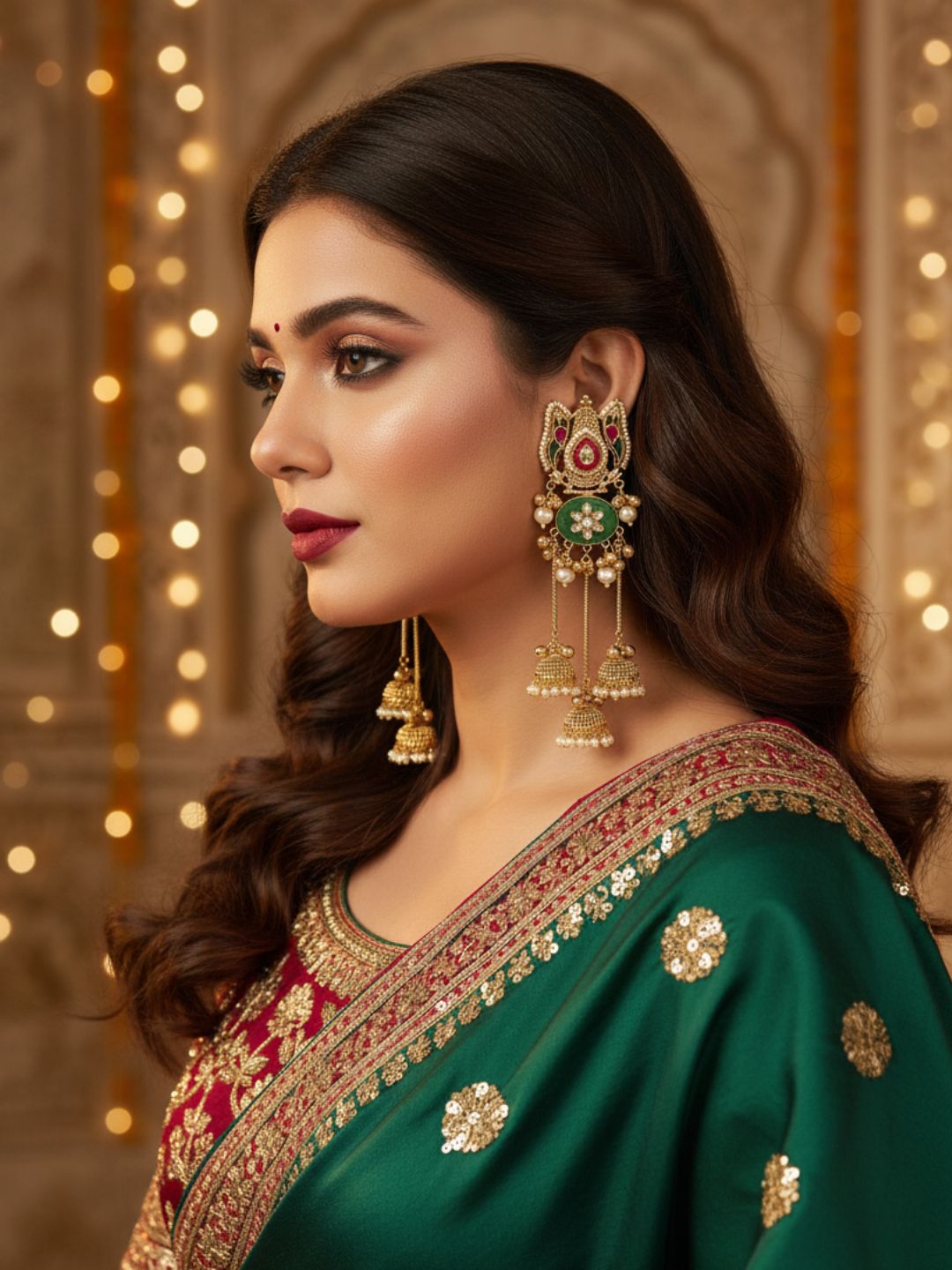 Amazing Antique Gold Green Monalisa -Green-Red Glass Polky-Pearl  long Jhumka Earring