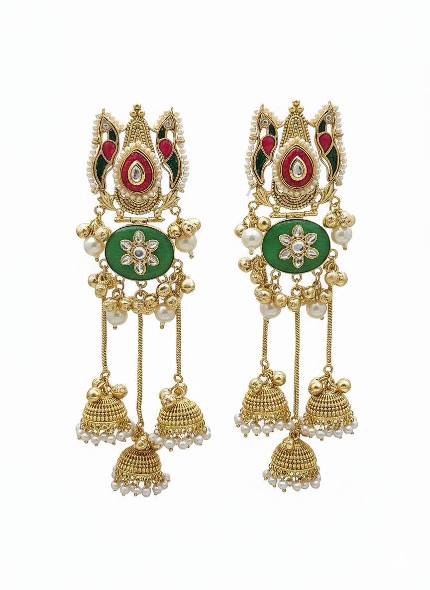 Amazing Antique Gold Green Monalisa -Green-Red Glass Polky-Pearl  long Jhumka Earring