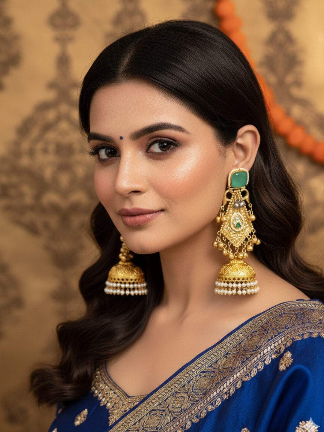 Exquisite Green Monalisa & Glass Stones-Pearl Fancy Jhumka Earrings