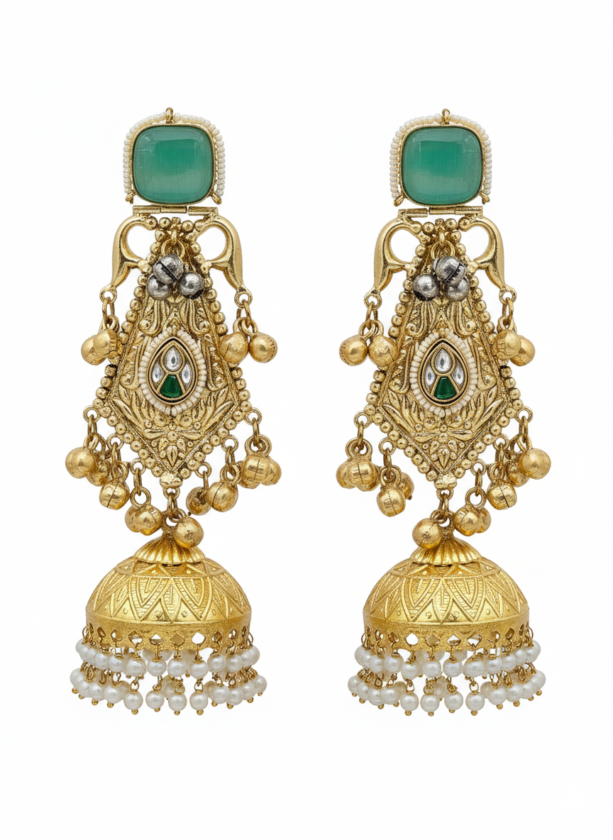 Exquisite Green Monalisa & Glass Stones-Pearl Fancy Jhumka Earrings