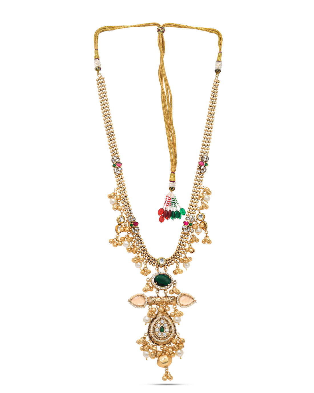 Royal-inspired long necklace with vibrant Kundan Polky work, perfect for ethnic weddings and festive occasions
