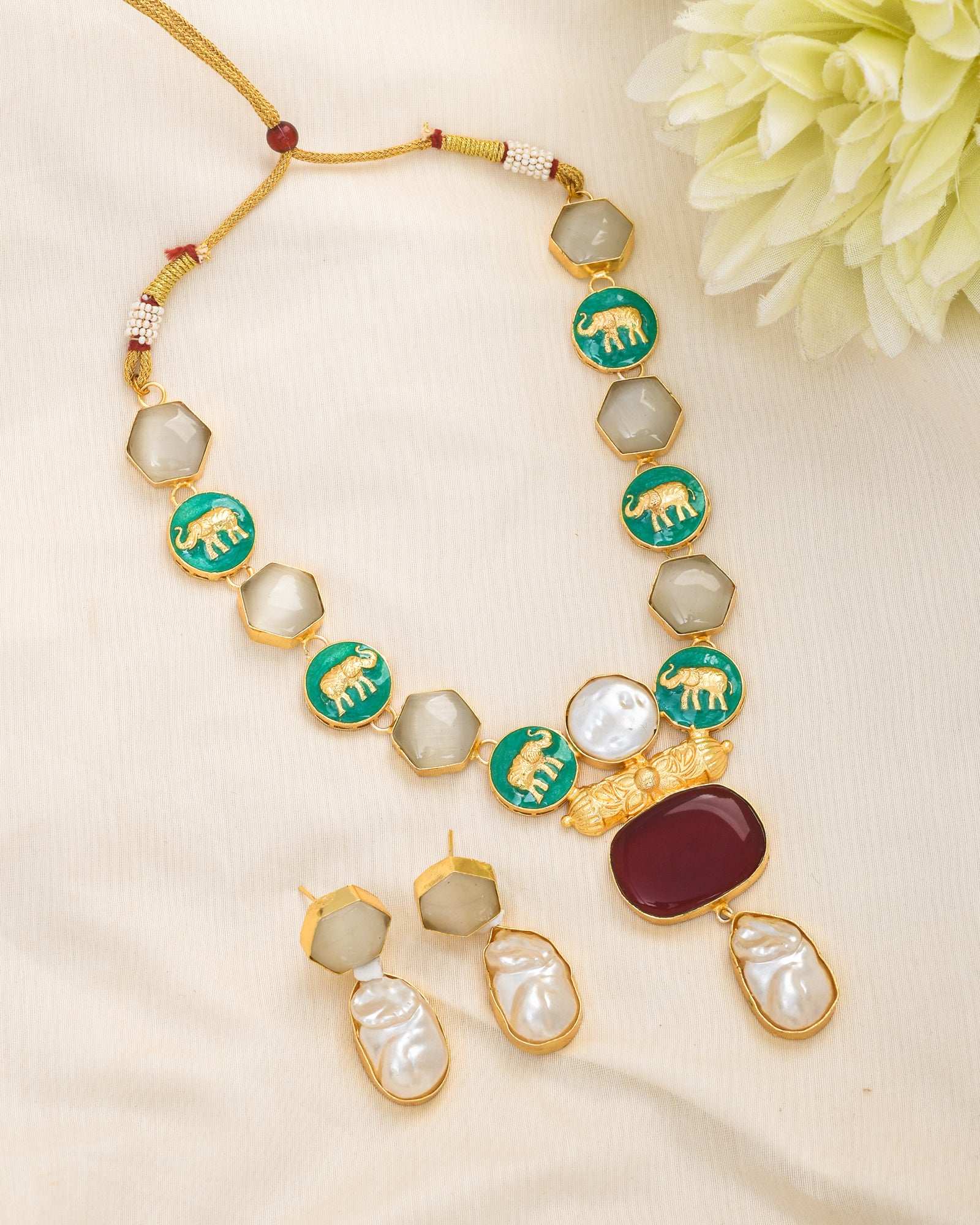 Women’s antique gold plated necklace and earring set with baroque pearls, imitation stones, and artistic enamel accents
