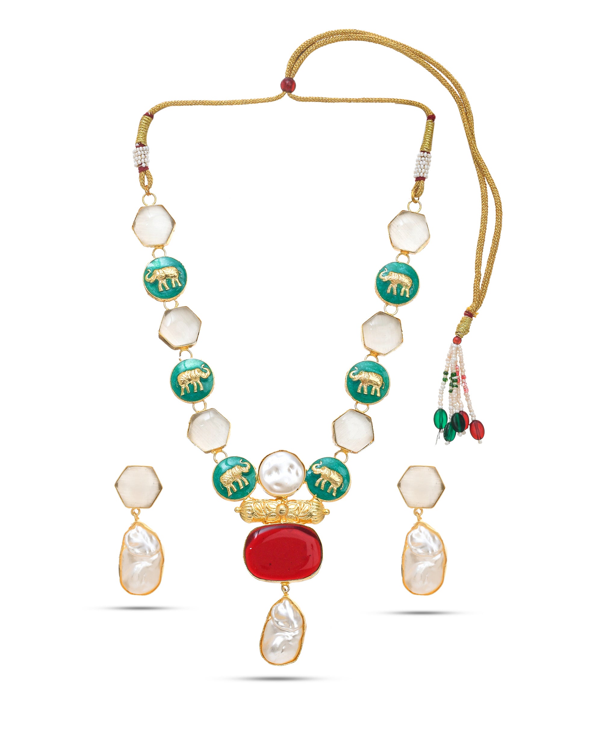 Artistic antique gold plated necklace and earring set for women with baroque pearls and decorative enamel stones
