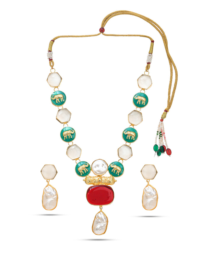 Artistic antique gold plated necklace and earring set for women with baroque pearls and decorative enamel stones
