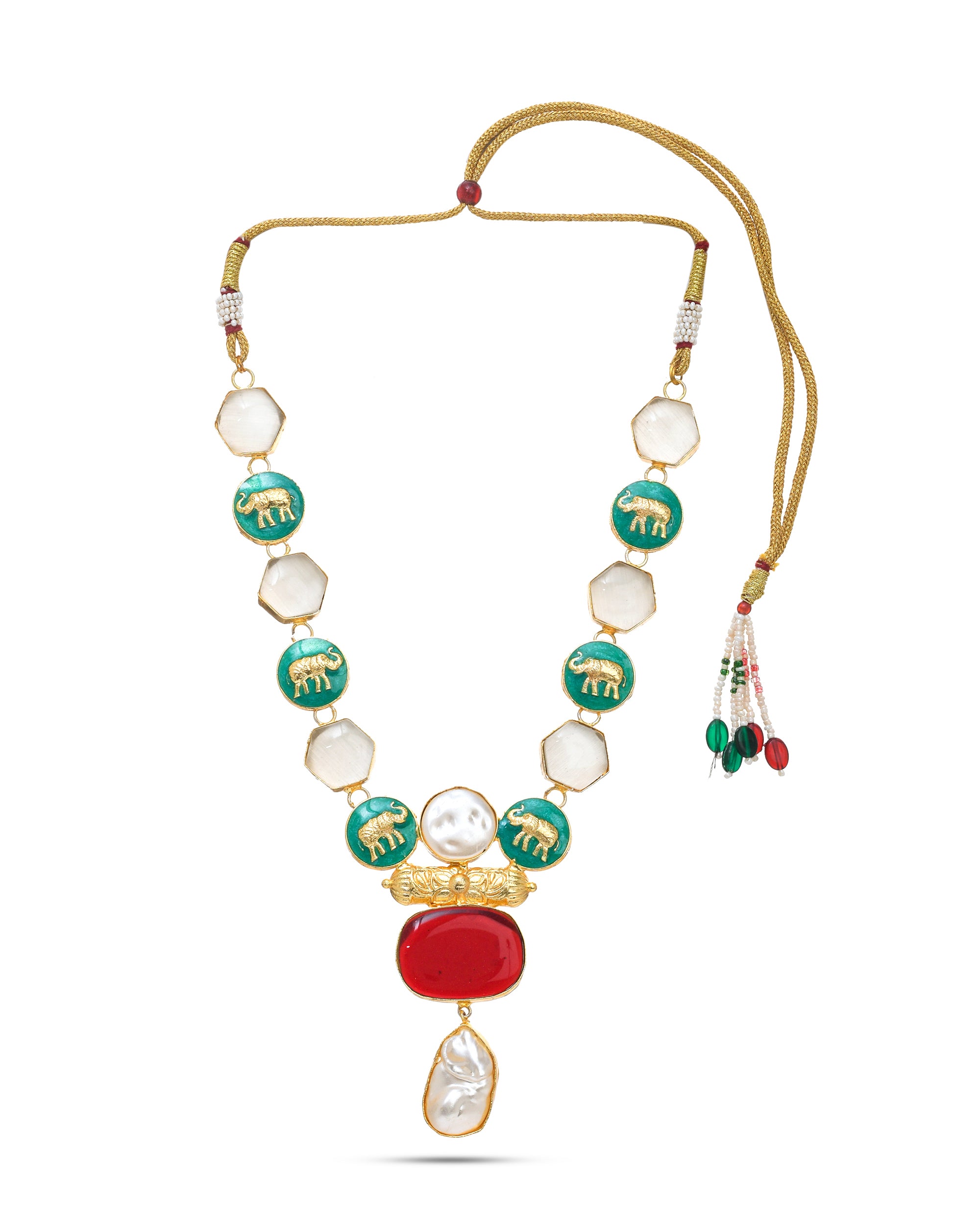 Elegant necklace in antique gold plating featuring baroque pearls, colorful imitation stones, and enamel detailing
