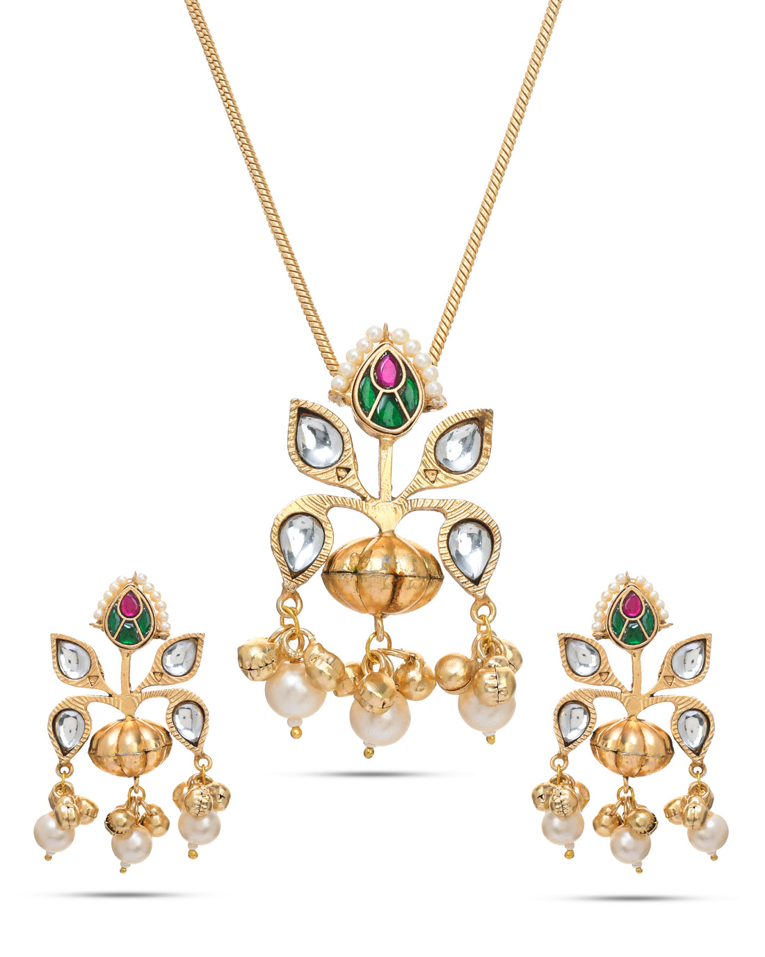 Long antique gold necklace with Kundan-Polky pendant and coordinating earrings – classic ethnic jewelry set
