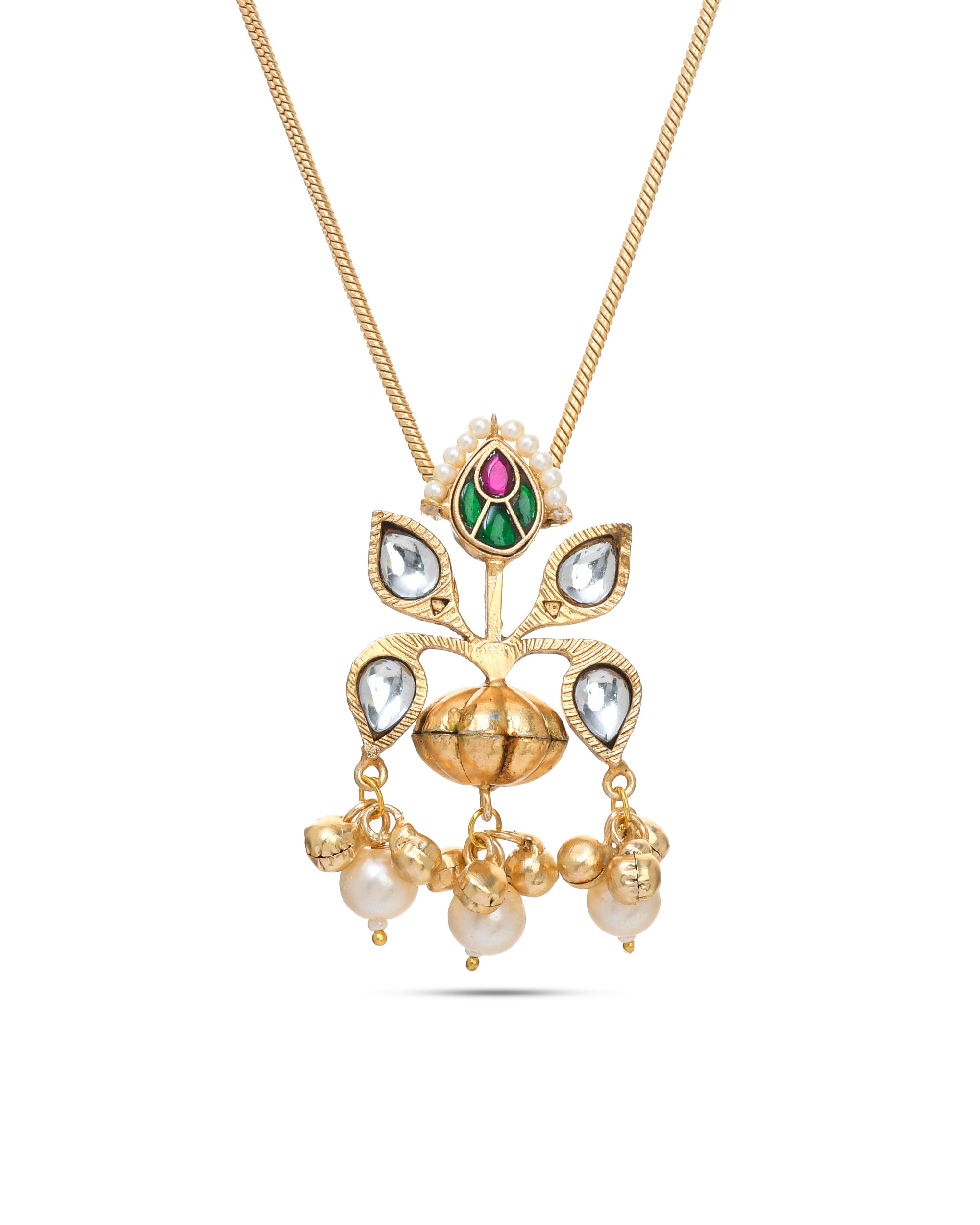 Antique gold long necklace with Kundan-Polky pendant – traditional Indian jewelry
