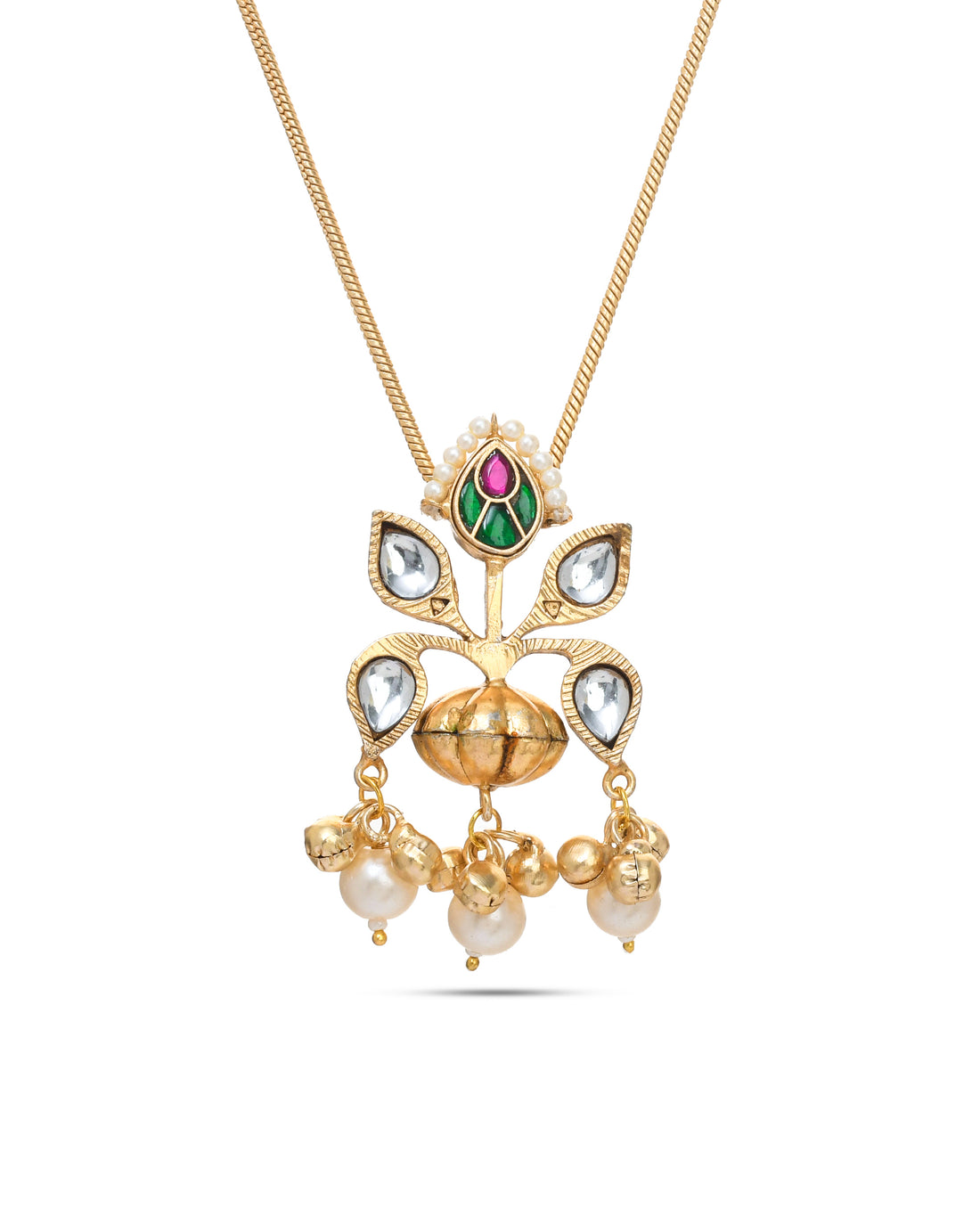 Antique gold long necklace with Kundan-Polky pendant – traditional Indian jewelry
