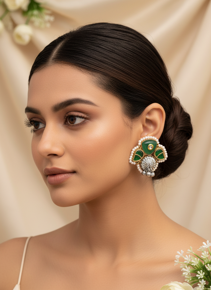 Cute Designer Antique Gold-Silver Oxidized Kundan Polky-Green Glass Stone-Pearl Stud Earring