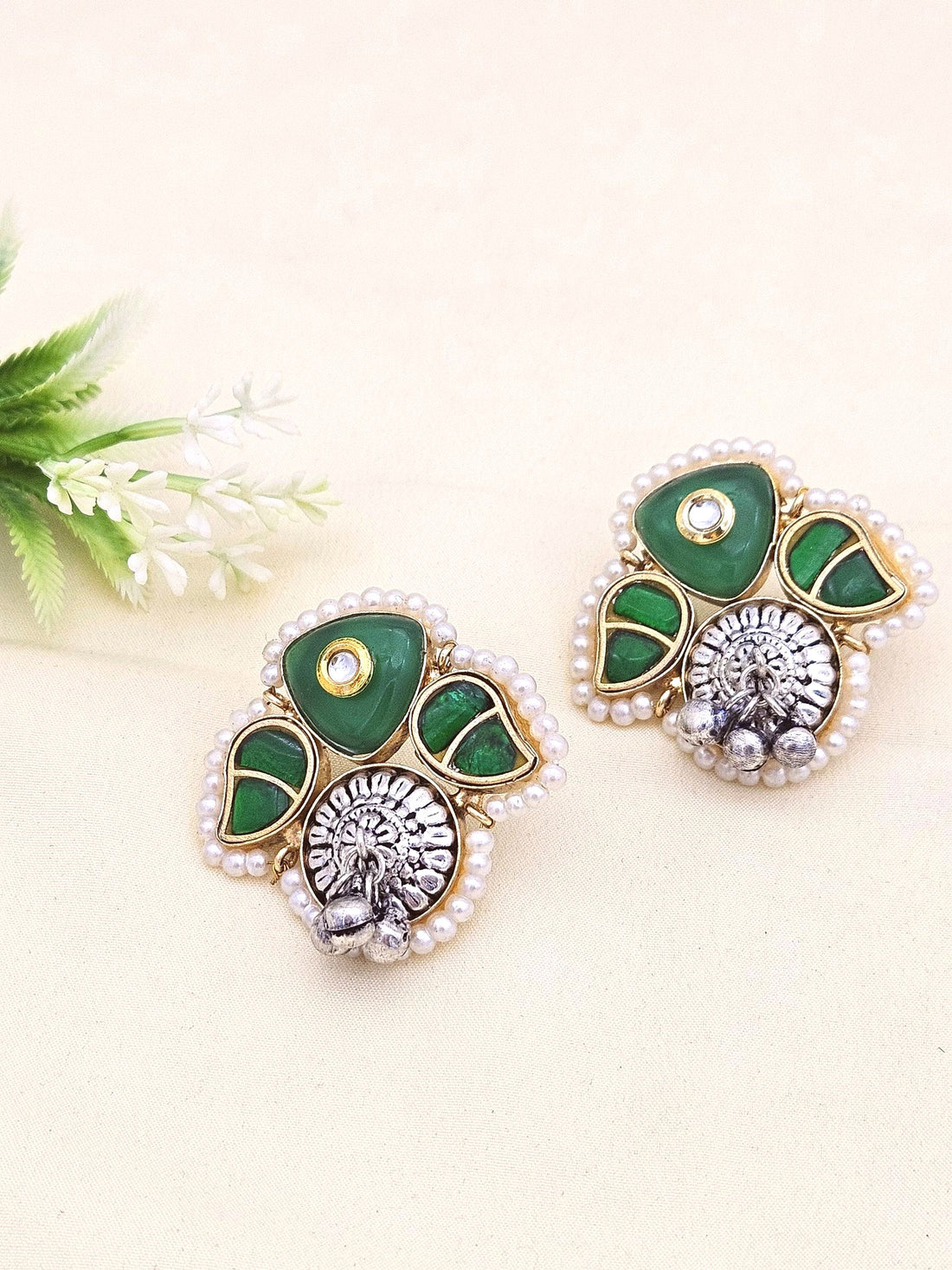 Cute Designer Antique Gold-Silver Oxidized Kundan Polky-Green Glass Stone-Pearl Stud Earring