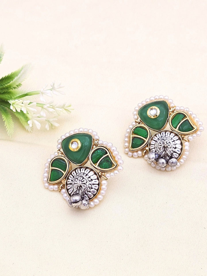 Cute Designer Antique Gold-Silver Oxidized Kundan Polky-Green Glass Stone-Pearl Stud Earring