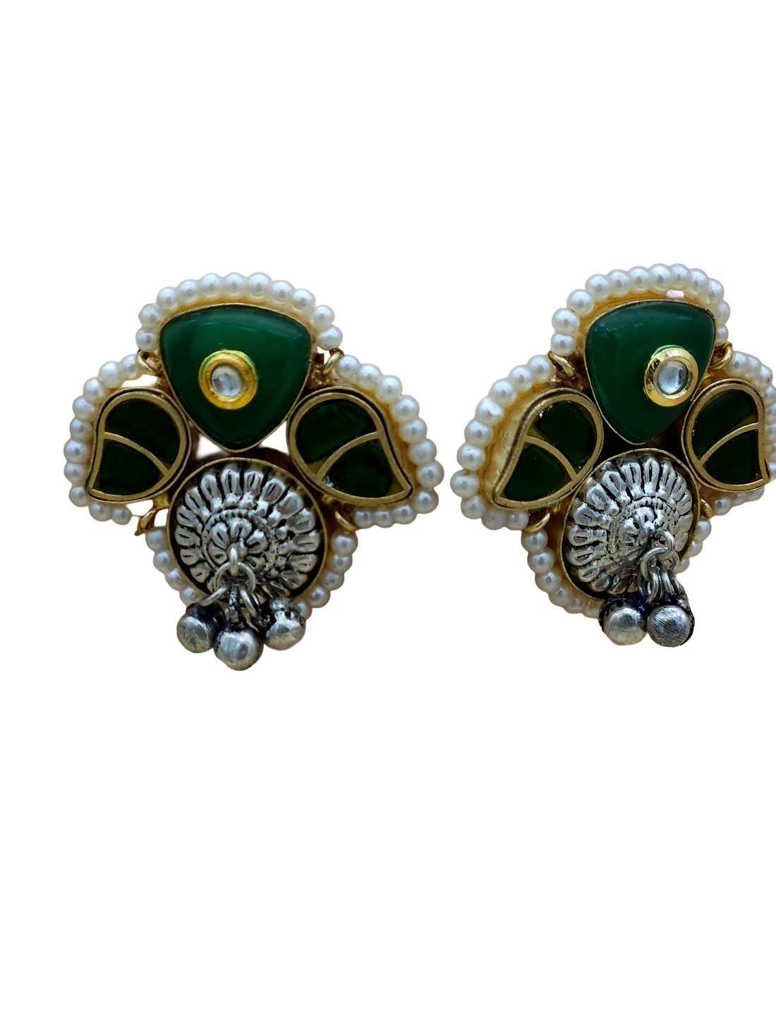 Cute Designer Antique Gold-Silver Oxidized Kundan Polky-Green Glass Stone-Pearl Stud Earring
