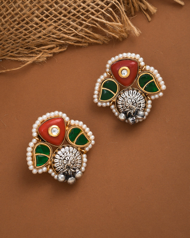 Kundan motif stud earrings with red & green glass stones and pearls – cute traditional design for women
