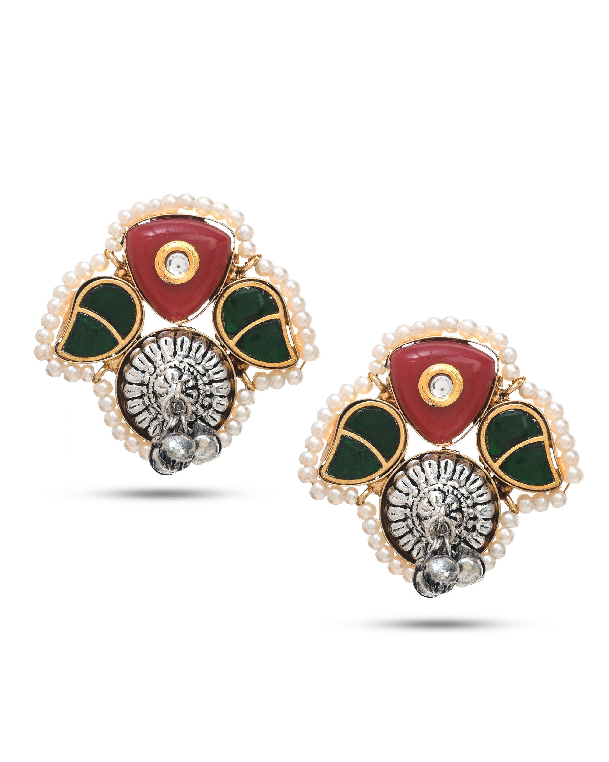 Kundan motif stud earrings with red & green glass stones and delicate pearl drops
