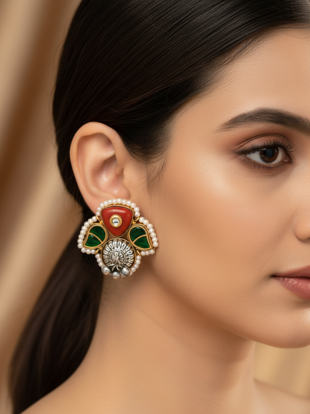 Cute Designer Antique Gold-Silver Oxidized Kundan Polky-Red & Green Glass Stone-Pearl Stud Earring