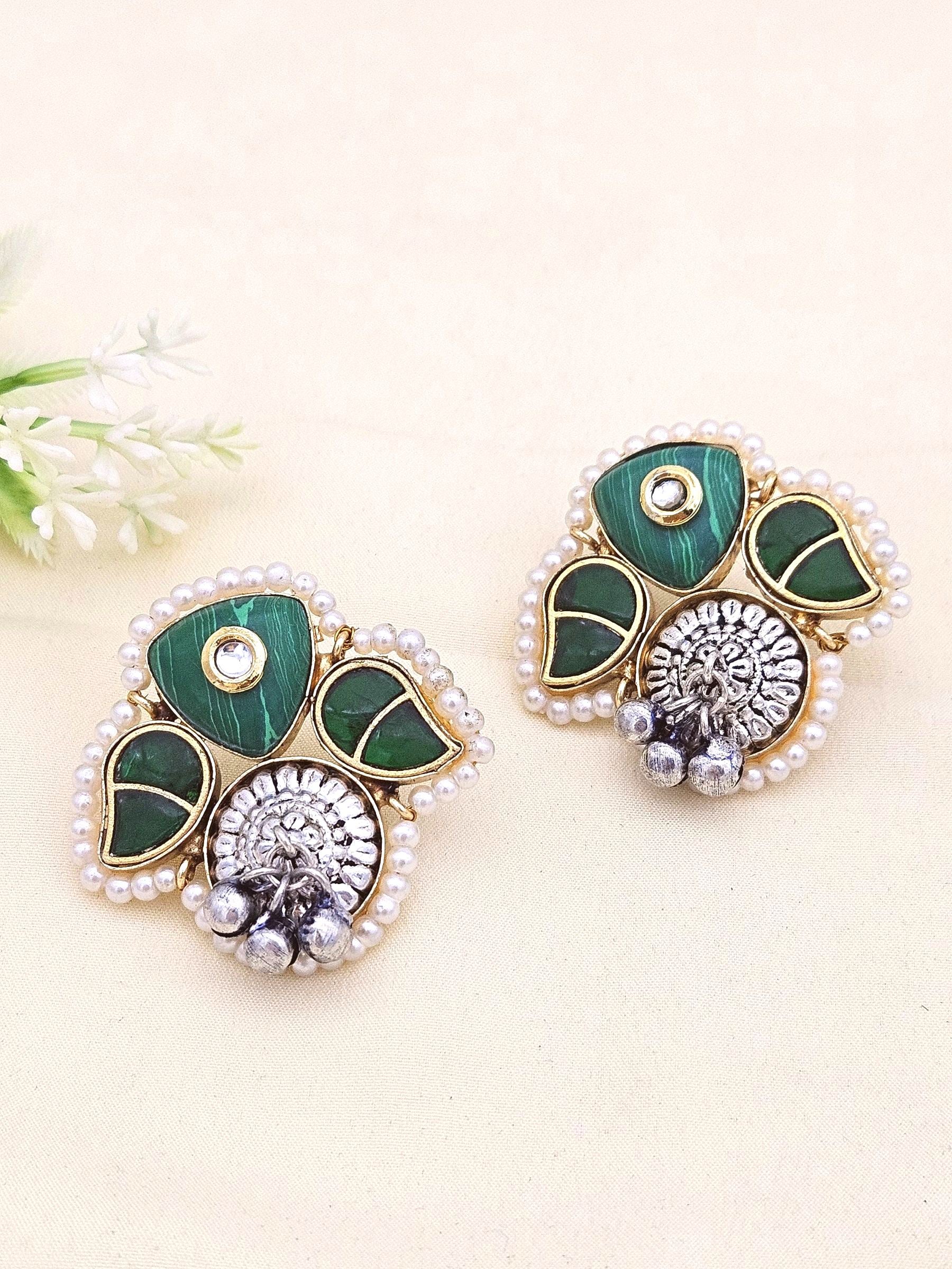 Cute Designer Antique Gold-Silver Oxidized Kundan Polky-Malachite-Green Glass Stone-Pearl Stud Earring