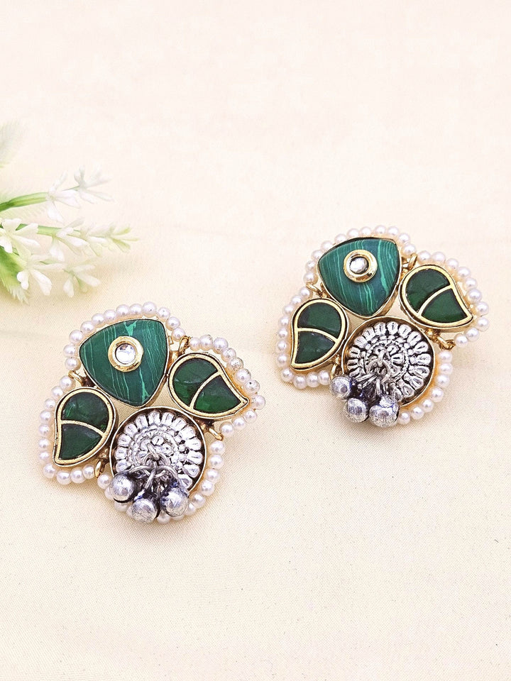 Cute Designer Antique Gold-Silver Oxidized Kundan Polky-Malachite-Green Glass Stone-Pearl Stud Earring