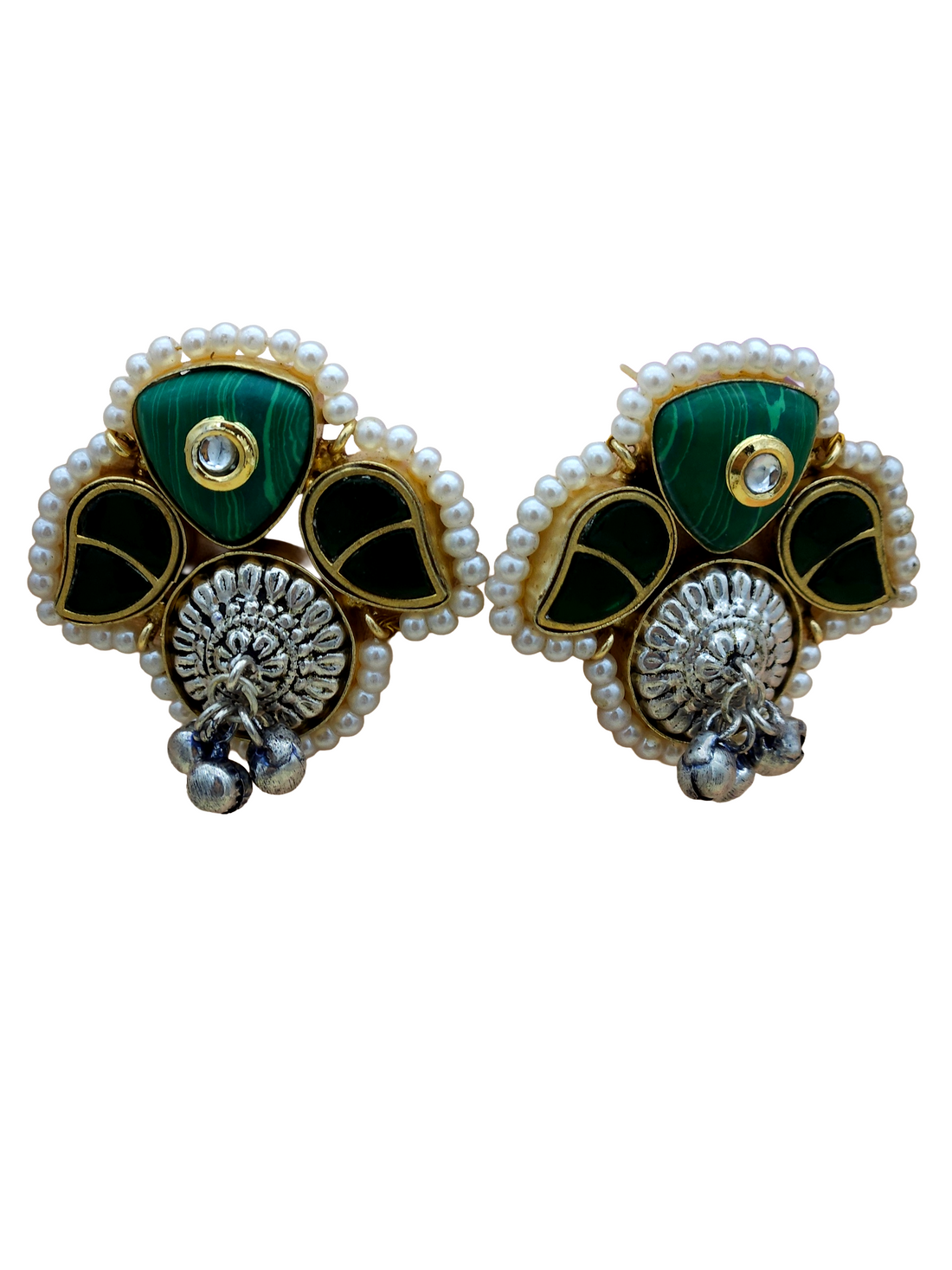 Cute Designer Antique Gold-Silver Oxidized Kundan Polky-Malachite-Green Glass Stone-Pearl Stud Earring