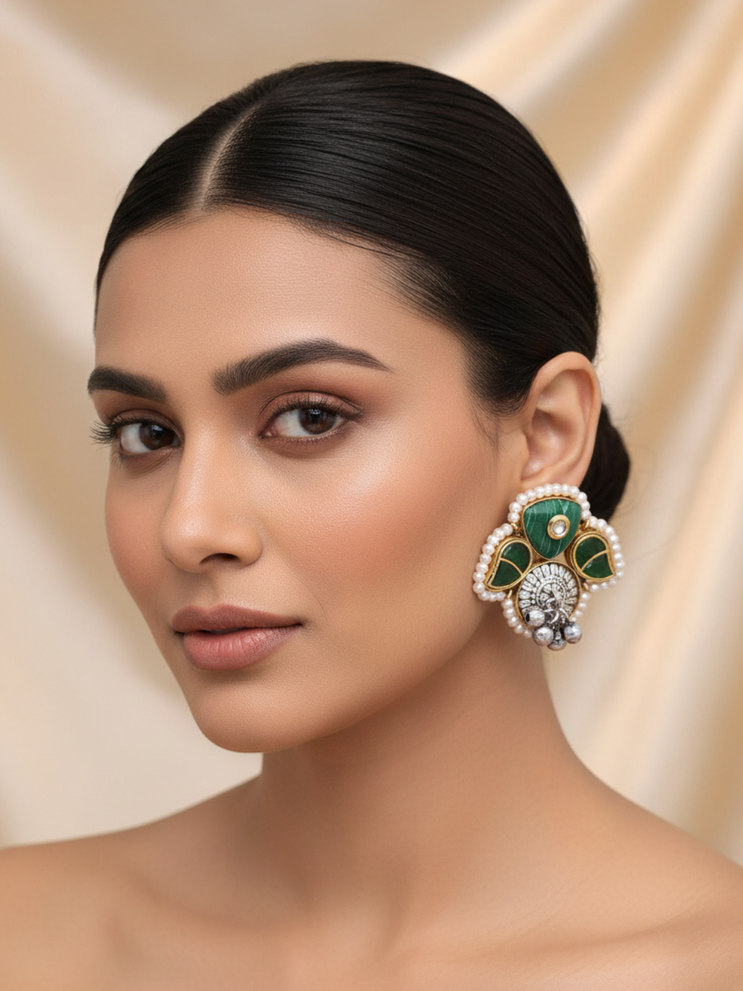 Cute Designer Antique Gold-Silver Oxidized Kundan Polky-Malachite-Green Glass Stone-Pearl Stud Earring
