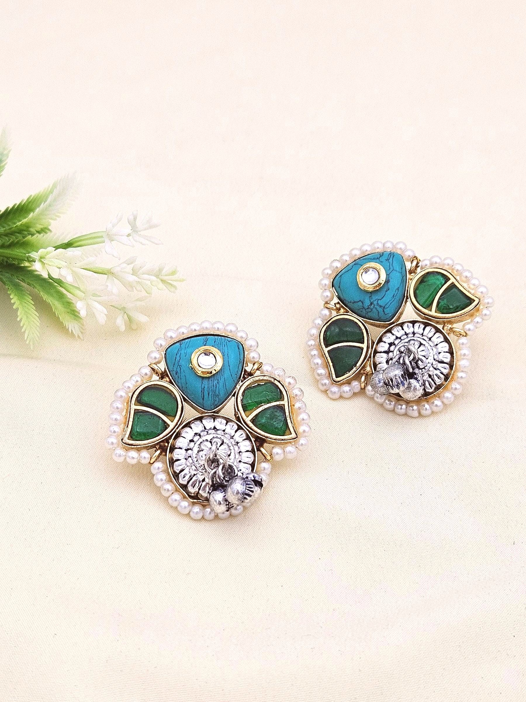 Cute Designer Antique Gold-Silver Oxidized Kundan Polky-Turquoise-Green Glass Stone-Pearl Stud Earring