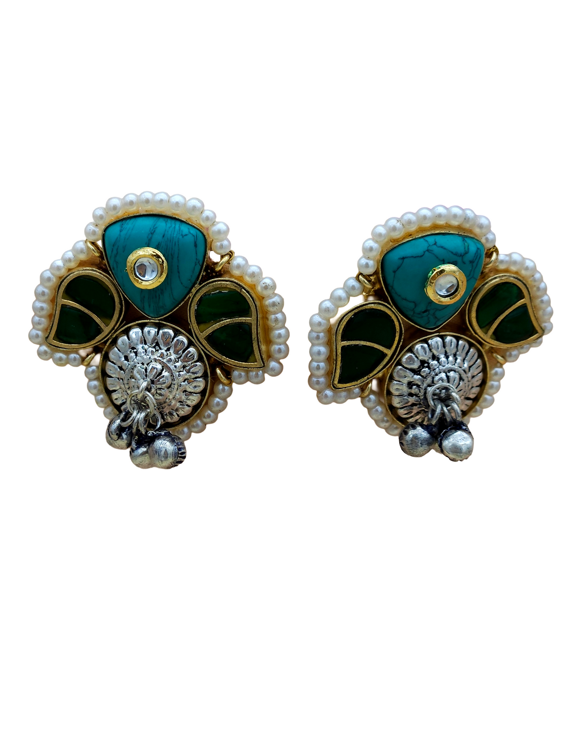 Cute Designer Antique Gold-Silver Oxidized Kundan Polky-Turquoise-Green Glass Stone-Pearl Stud Earring