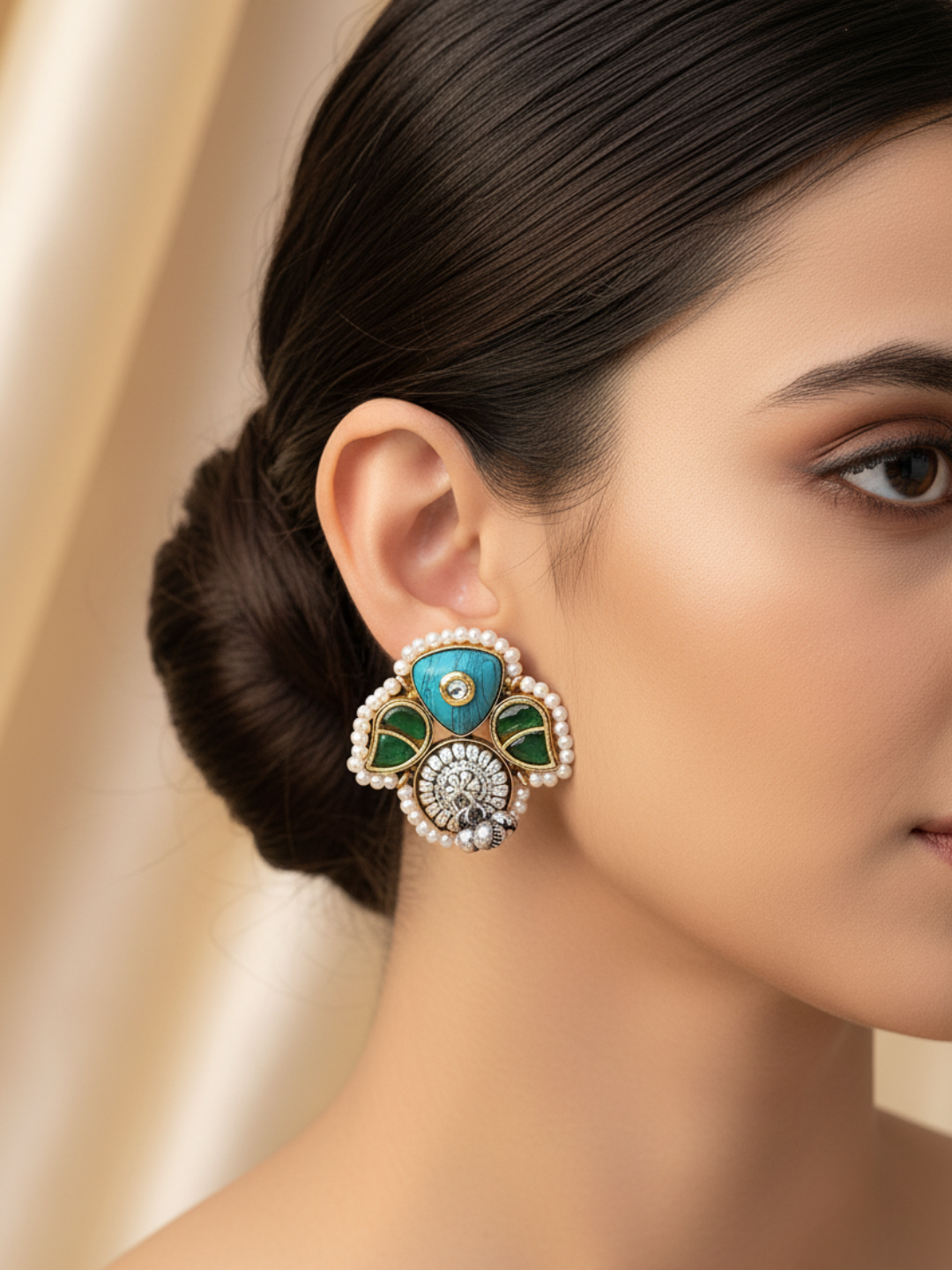 Cute Designer Antique Gold-Silver Oxidized Kundan Polky-Turquoise-Green Glass Stone-Pearl Stud Earring
