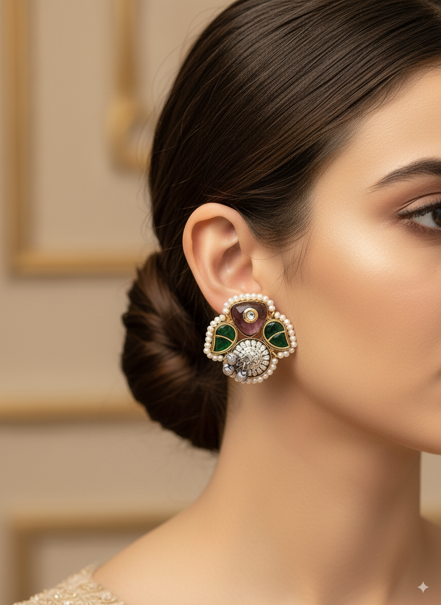 Cute Designer Antique Gold-Silver Oxidized Kundan Polky-Purple -Green Glass Stone-Pearl Stud Earring