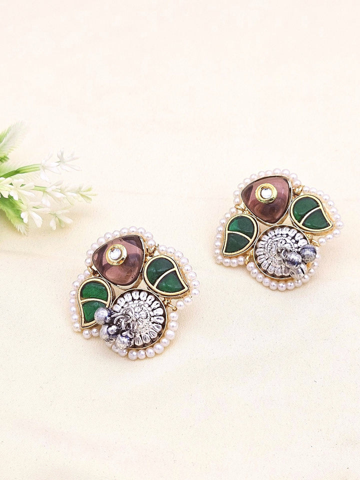 Cute Designer Antique Gold-Silver Oxidized Kundan Polky-Purple -Green Glass Stone-Pearl Stud Earring
